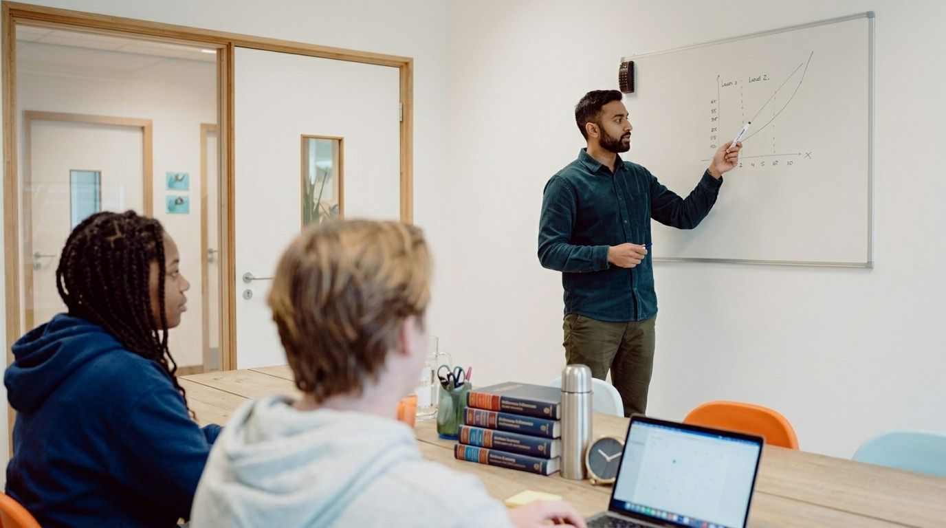 Student-docent geeft uitleg aan een klas